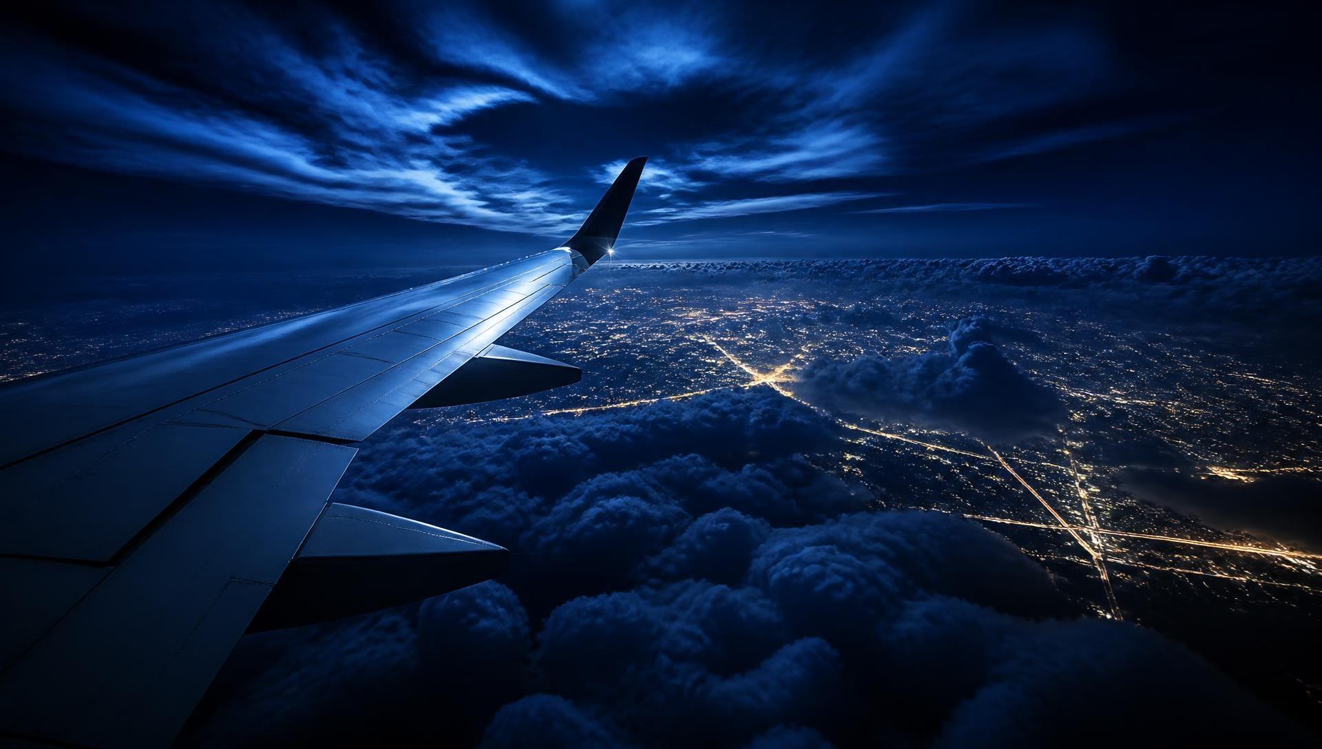 Airliner wing flying over world city lights